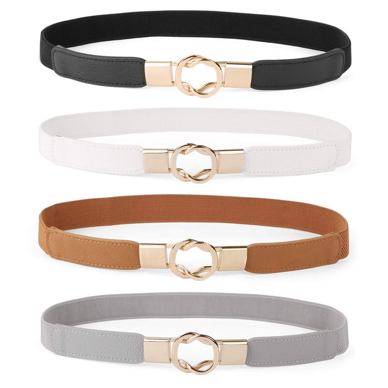 WERFORU Women Skinny Belt for Dresses Retro Stretch Waist Belt with Gold Buckle Set of 4,Black+Brown+White+Gray - Image 1